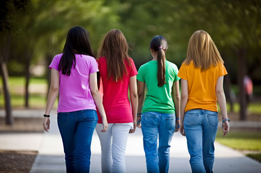4 teenages walking away from the camera in a park