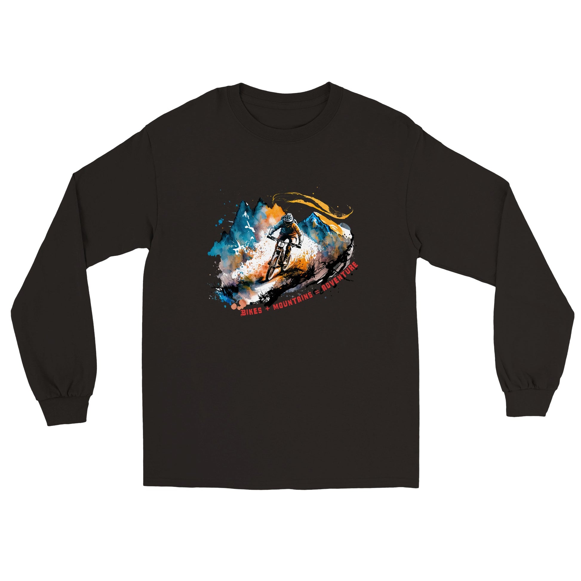 Black long sleeve t-shirt with a mountain bike print with the caption bikes + mountains = adventure