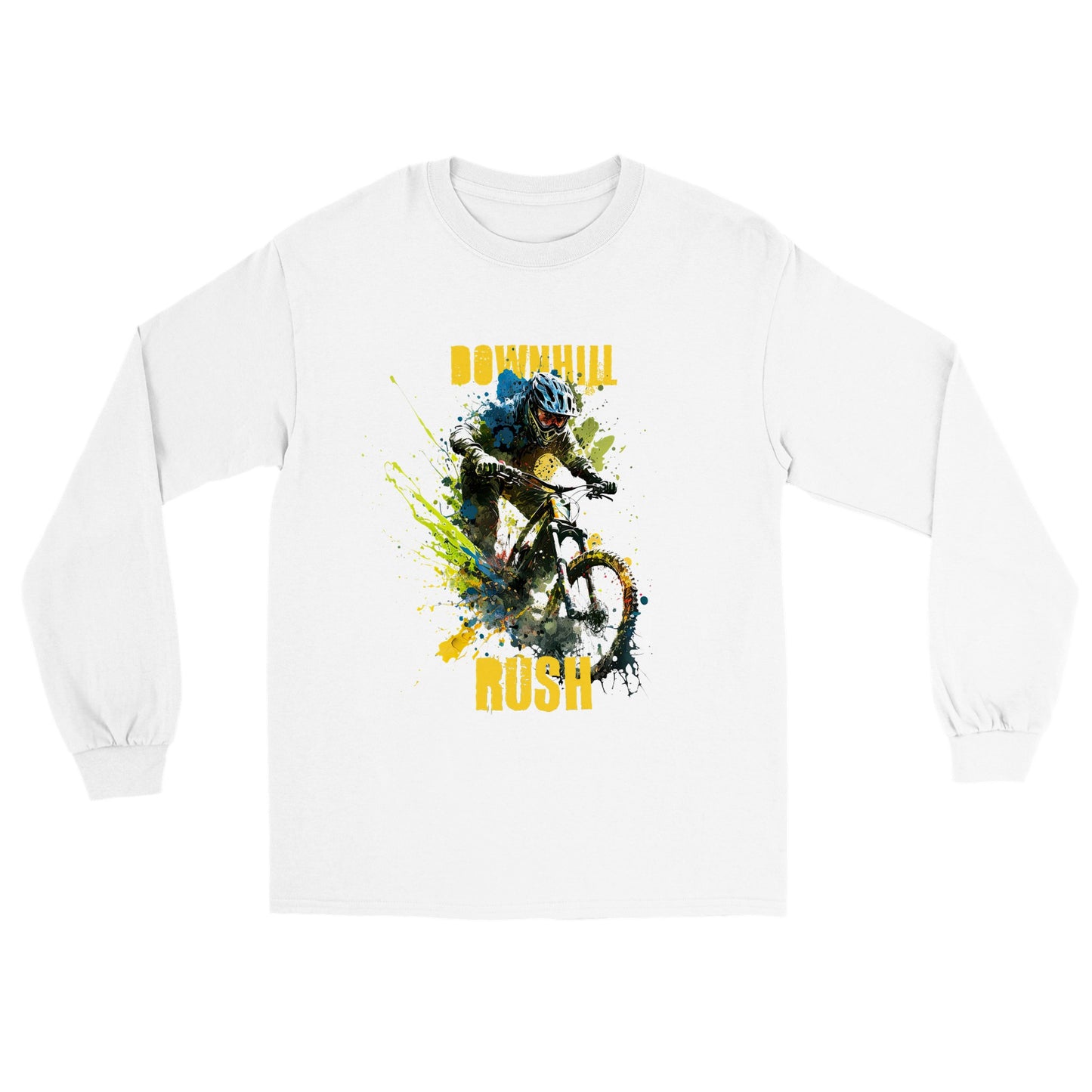 White long sleeve t-shirt with Downhill Rush Mountain bike graphic