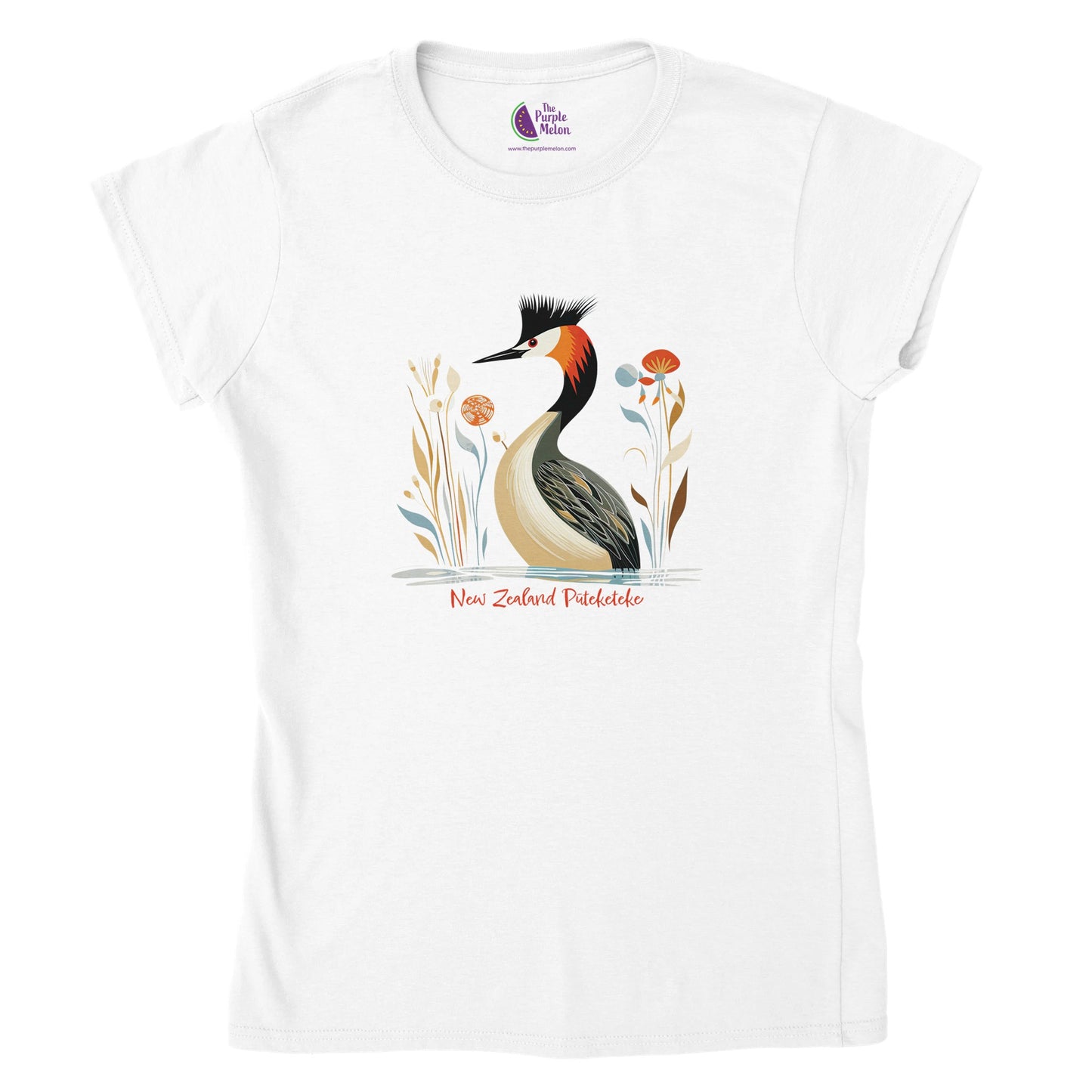 Women’s crewneck t-shirt with Pūteketeke bird design
