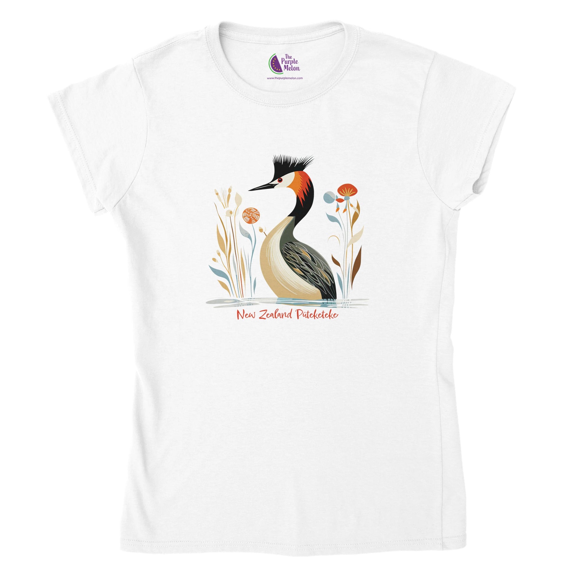 Women’s crewneck t-shirt with Pūteketeke bird design
