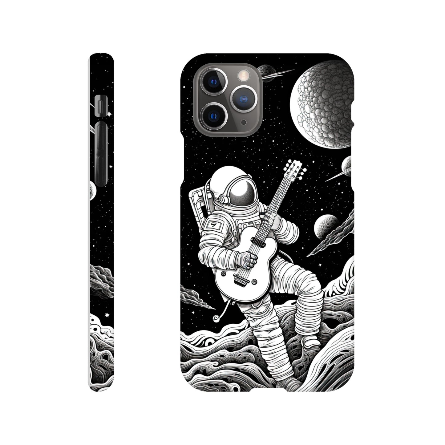 Space Serenade: Monochromatic Astronaut Guitarist in Space Phone Case