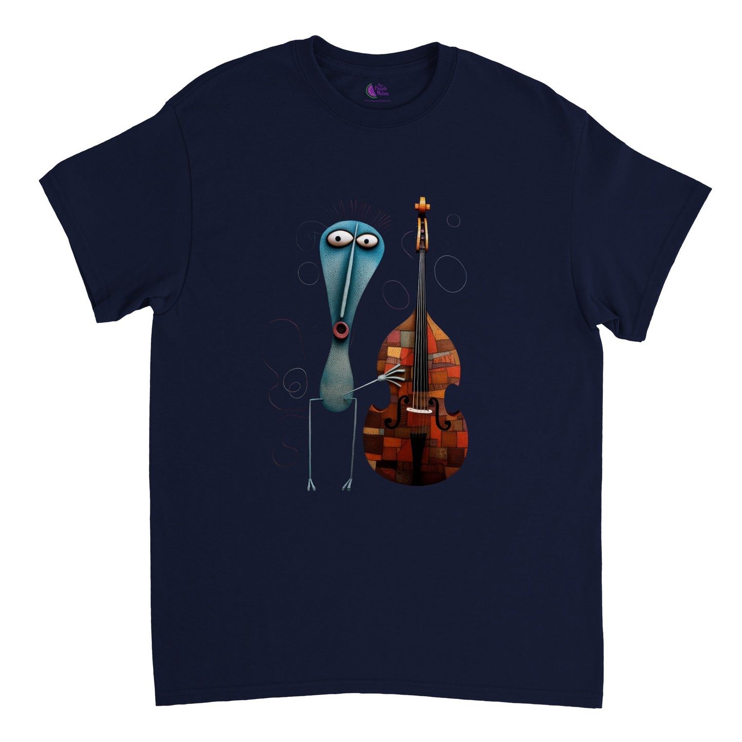 navy blue t-shirt with a print of an abstract character playing the double bass