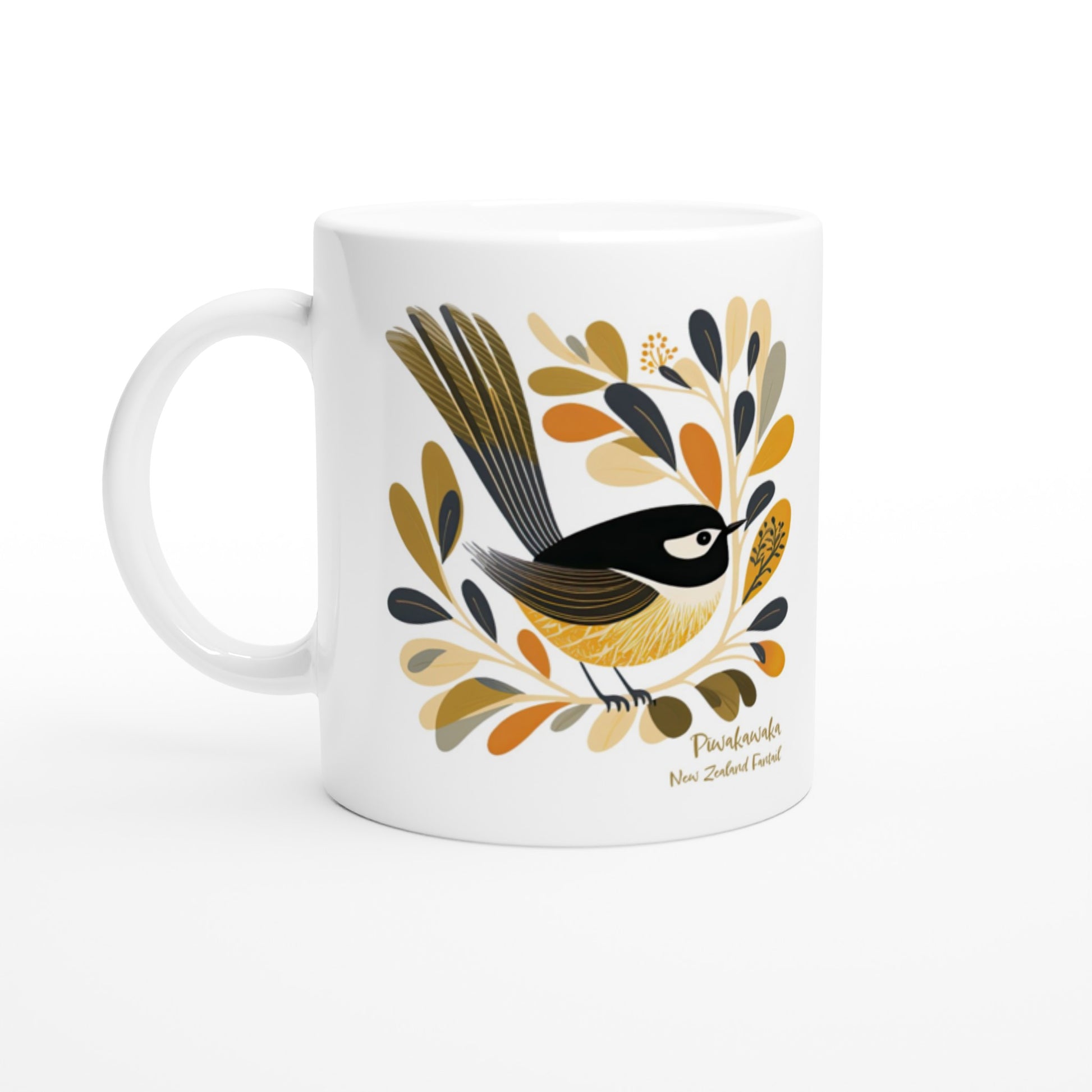 White ceramic mug with NZ Fantail / Pīwakawaka bird design