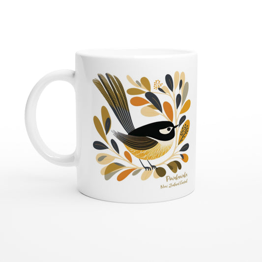 White ceramic mug with NZ Fantail / Pīwakawaka bird design