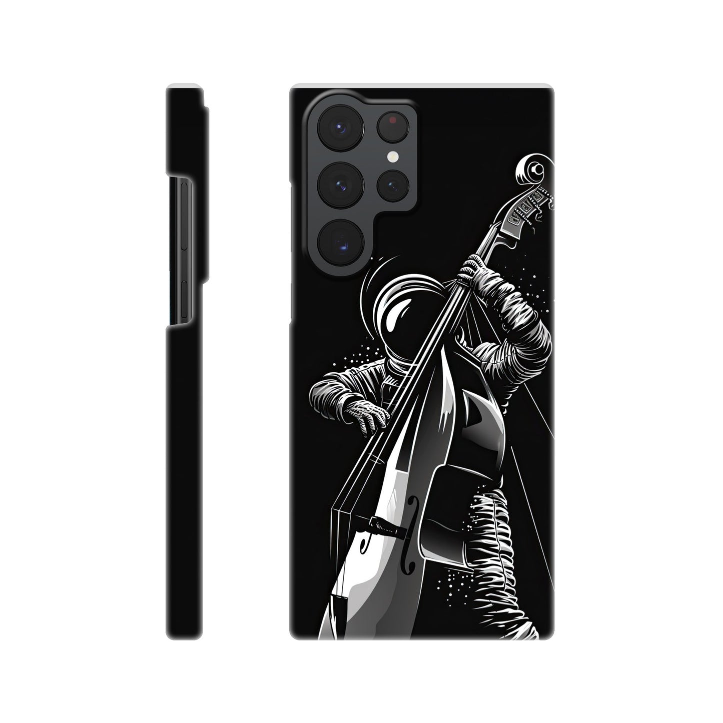 slim phone case with a double bass playing spaceman design