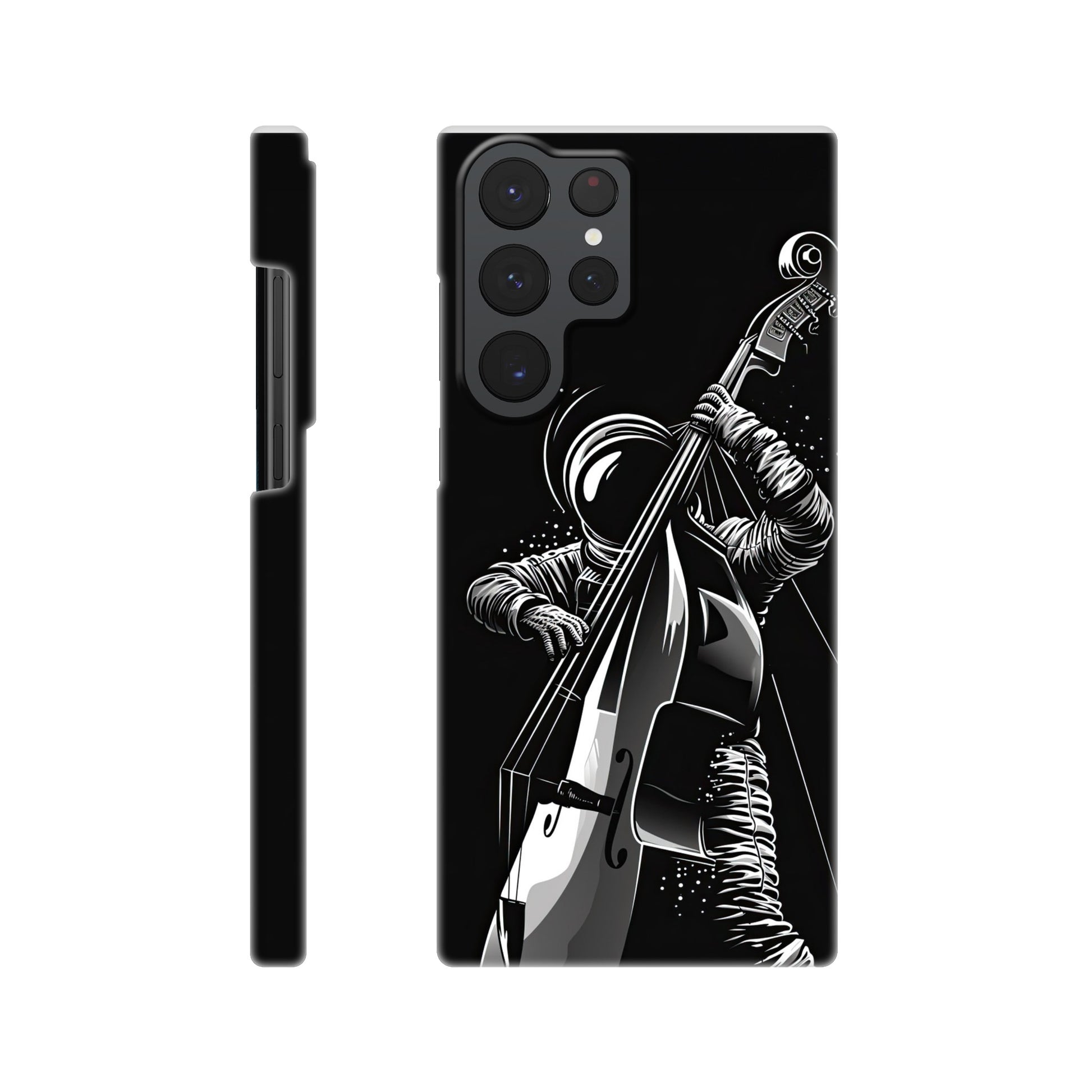 slim phone case with a double bass playing spaceman design