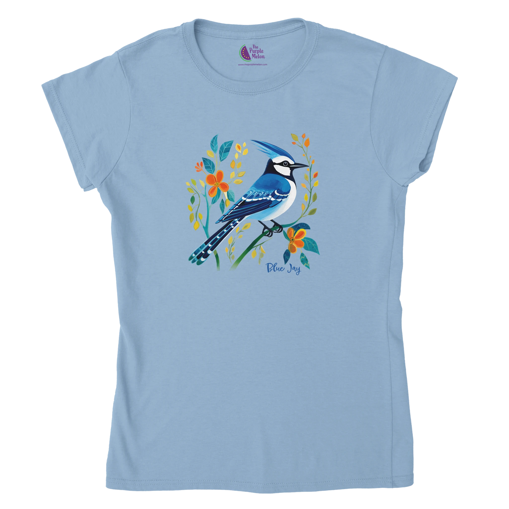 light blue t-shirt with Blue Jay design