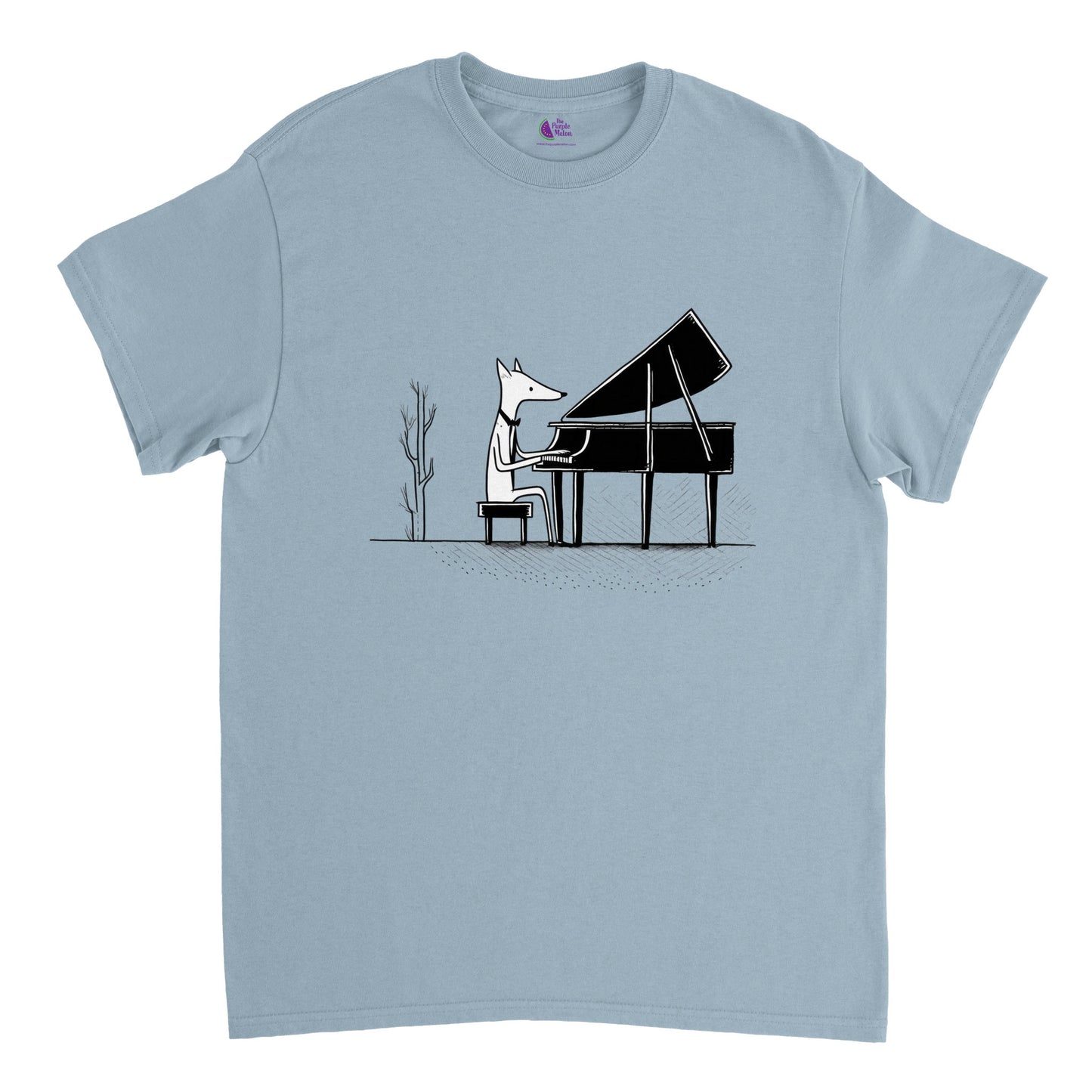 Light blue t-shirt with a fox playing piano print