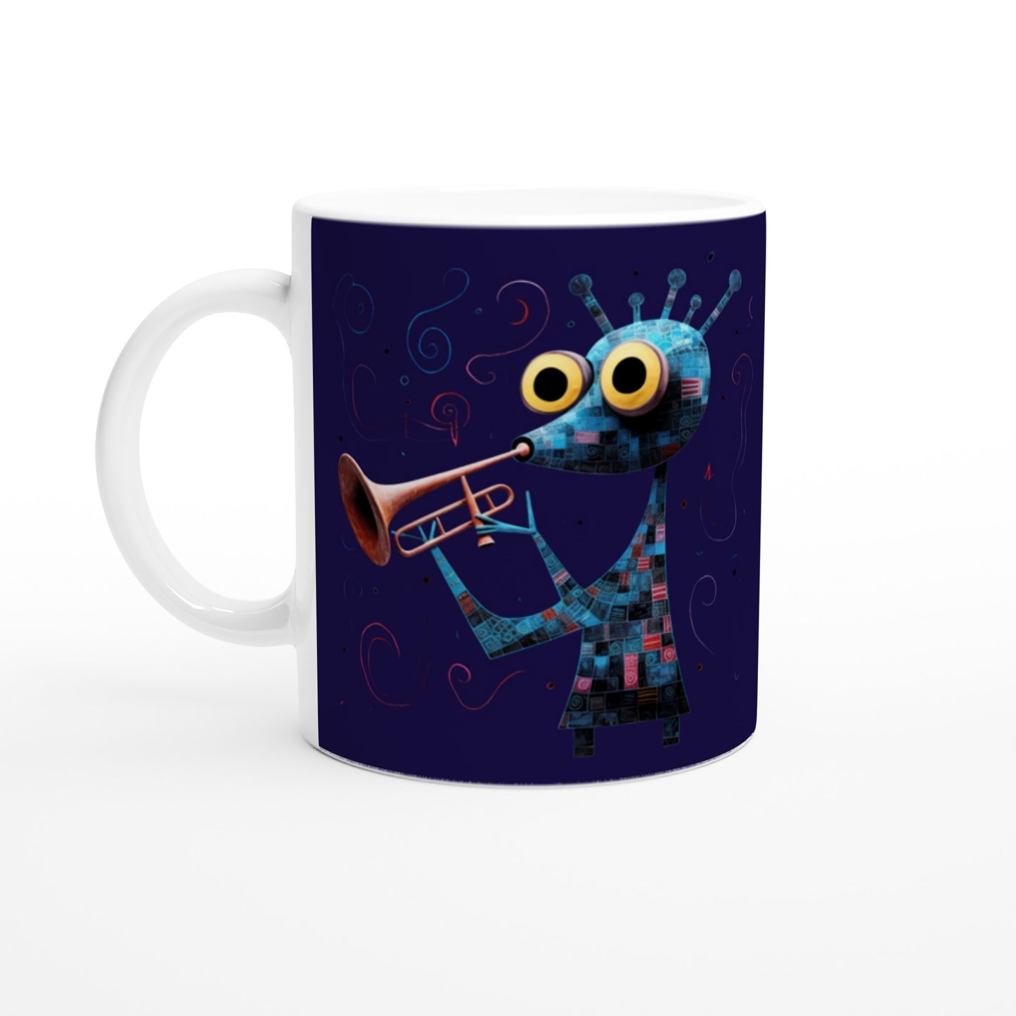 abstract trumpeter print on a navy blue mug