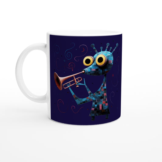 abstract trumpeter print on a navy blue mug