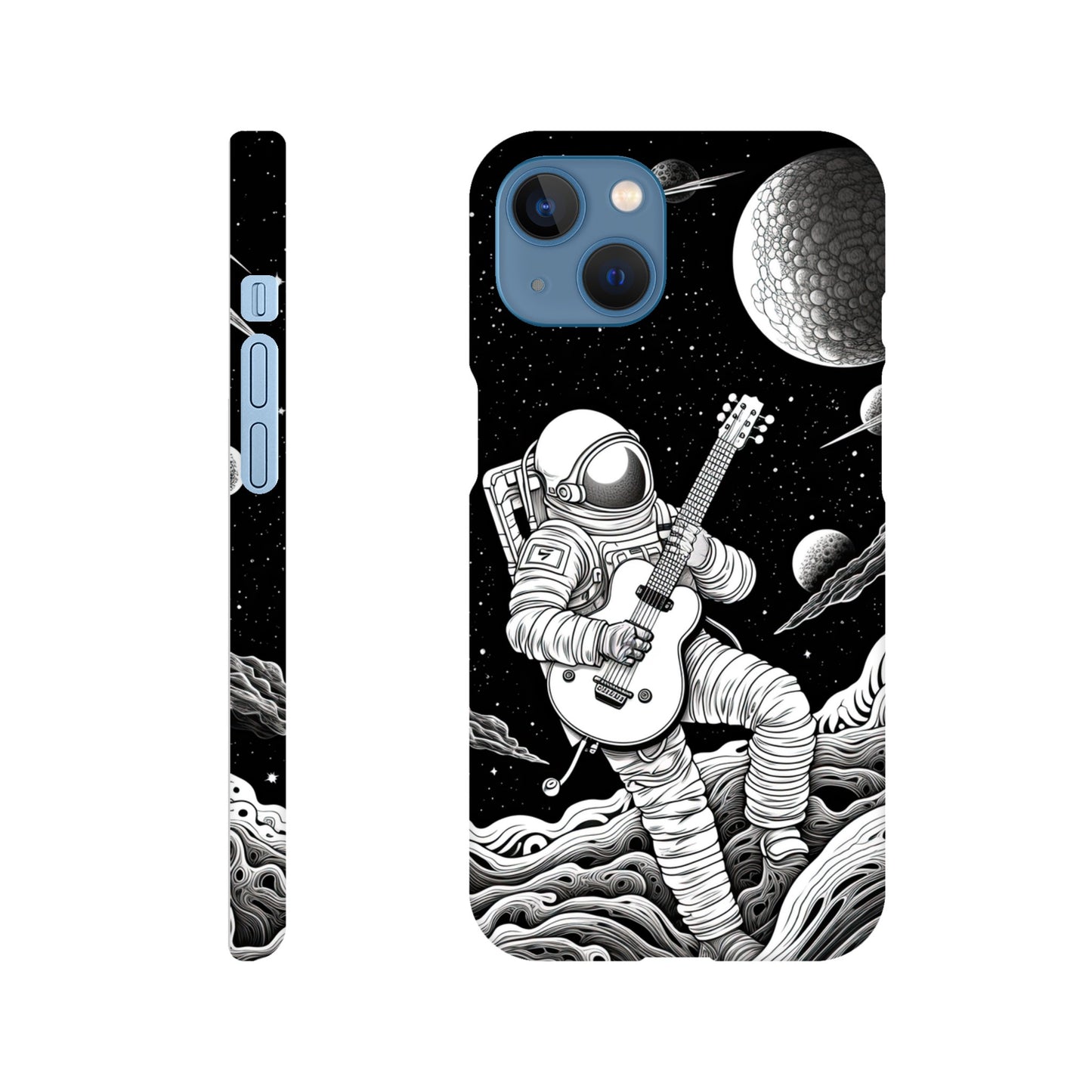 Space Serenade: Monochromatic Astronaut Guitarist in Space Phone Case