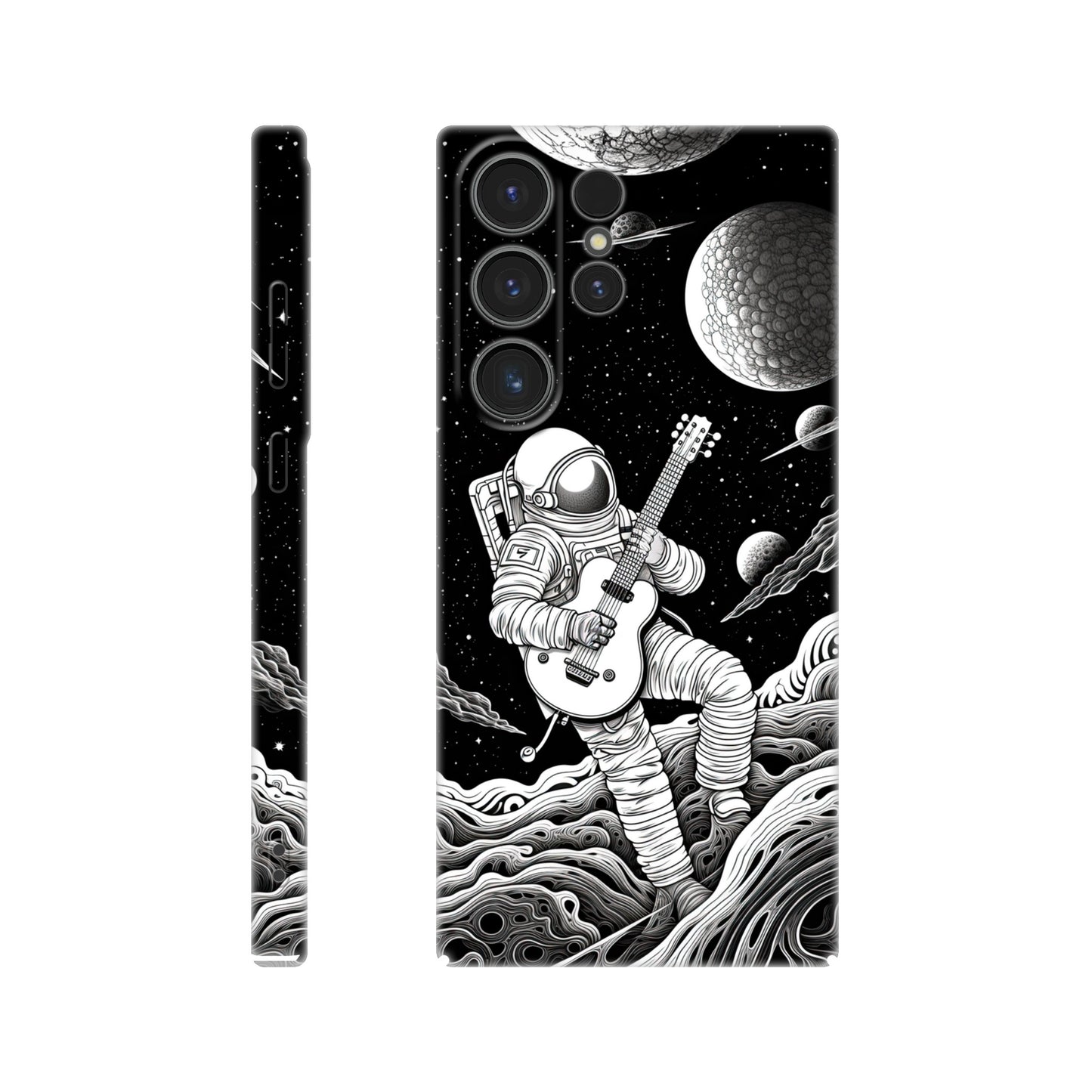 Space Serenade: Monochromatic Astronaut Guitarist in Space Phone Case