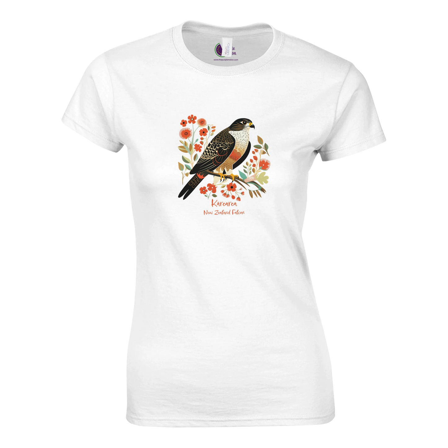 White t-shirt with a Karearea NZ Falcon – 2025 Bird of the Year and floral design on a white background