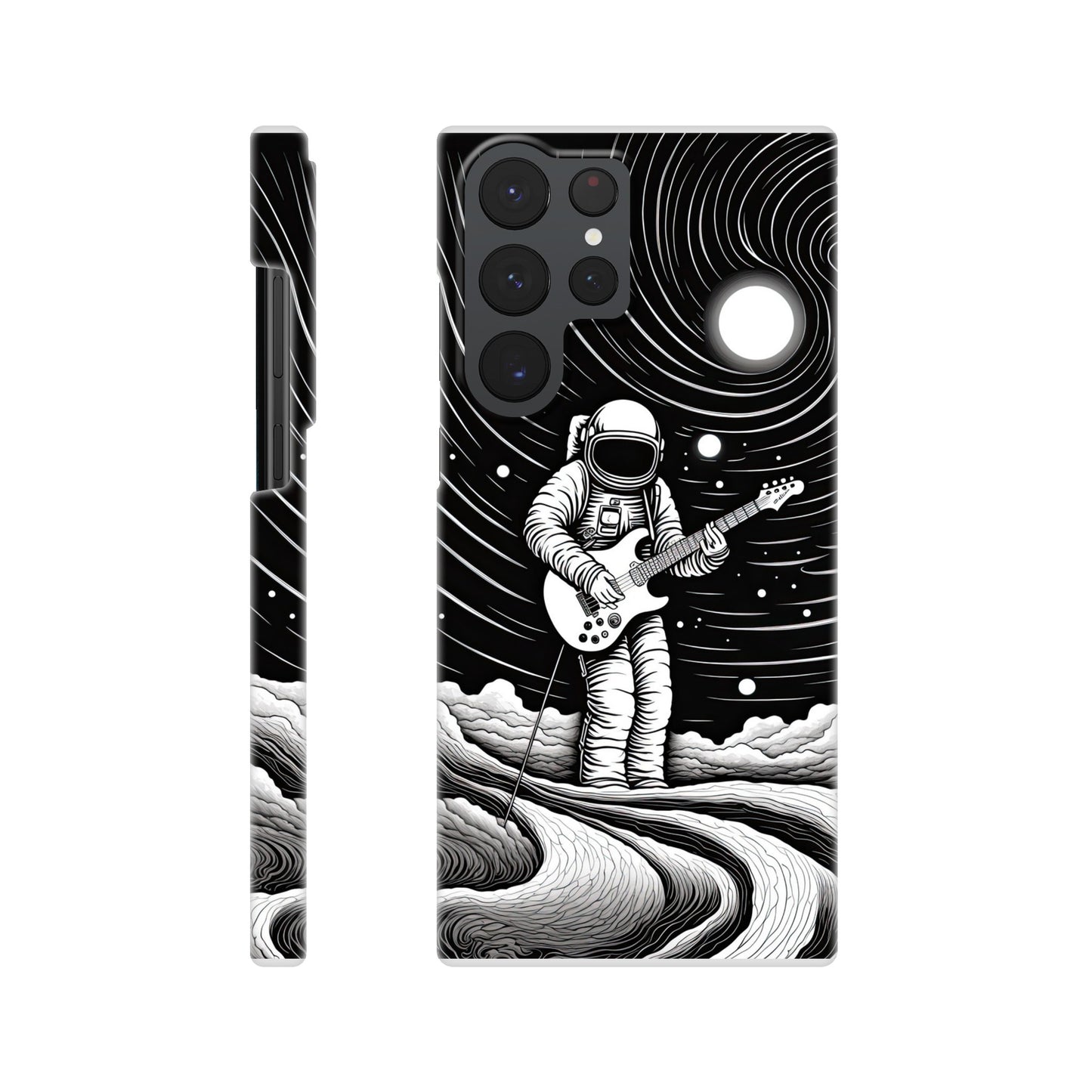 Slim phone case with monochromatic op art space astronaut print