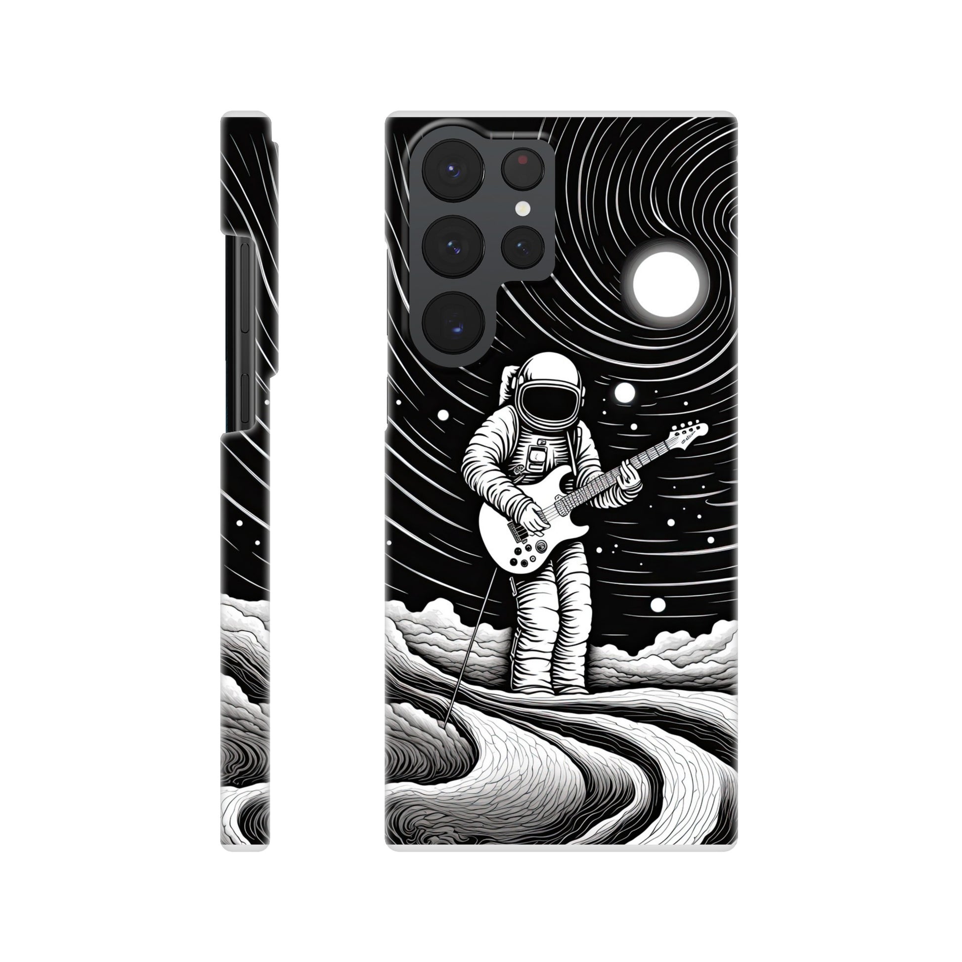 Slim phone case with monochromatic op art space astronaut print