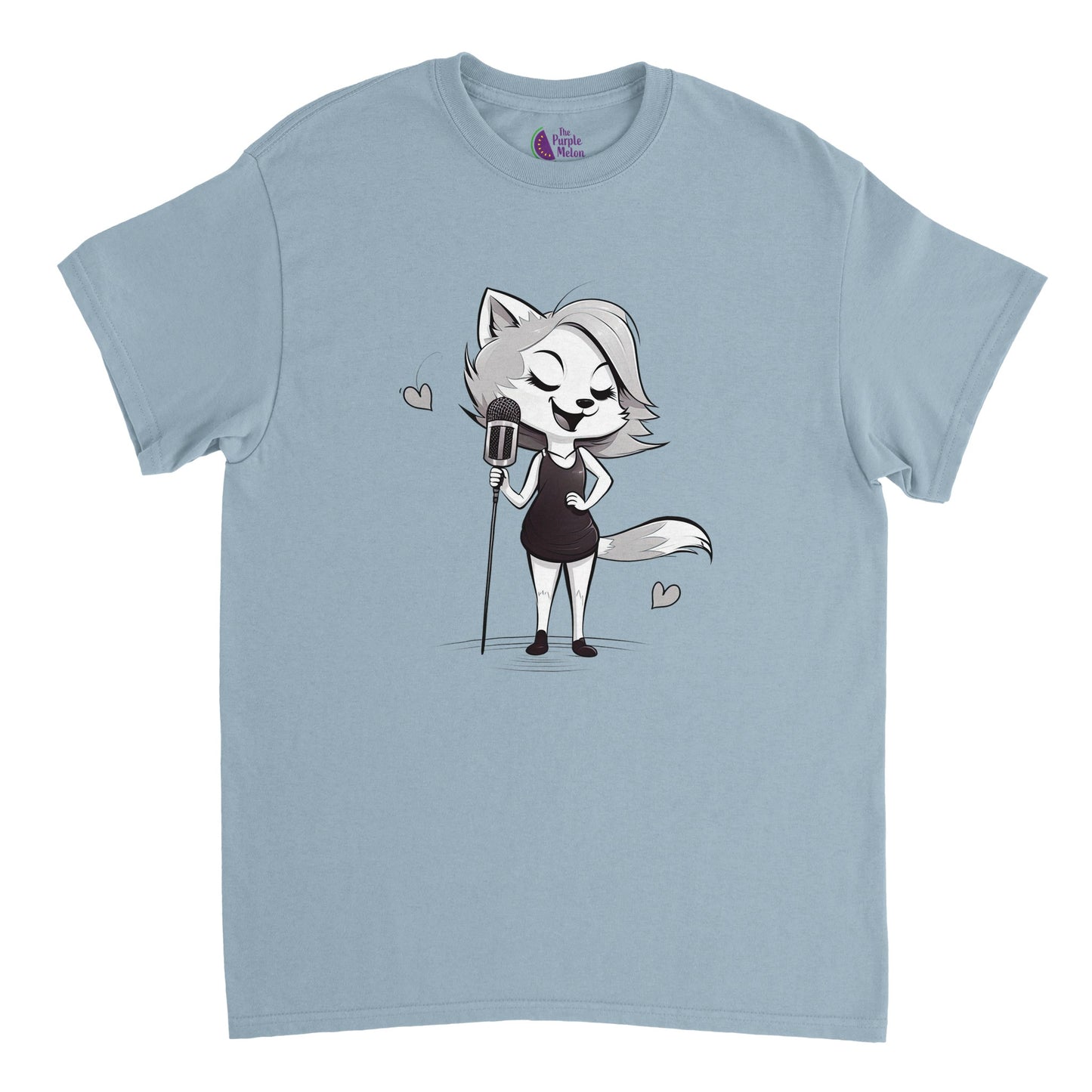 light blue t-shirt with a cute singing fox print