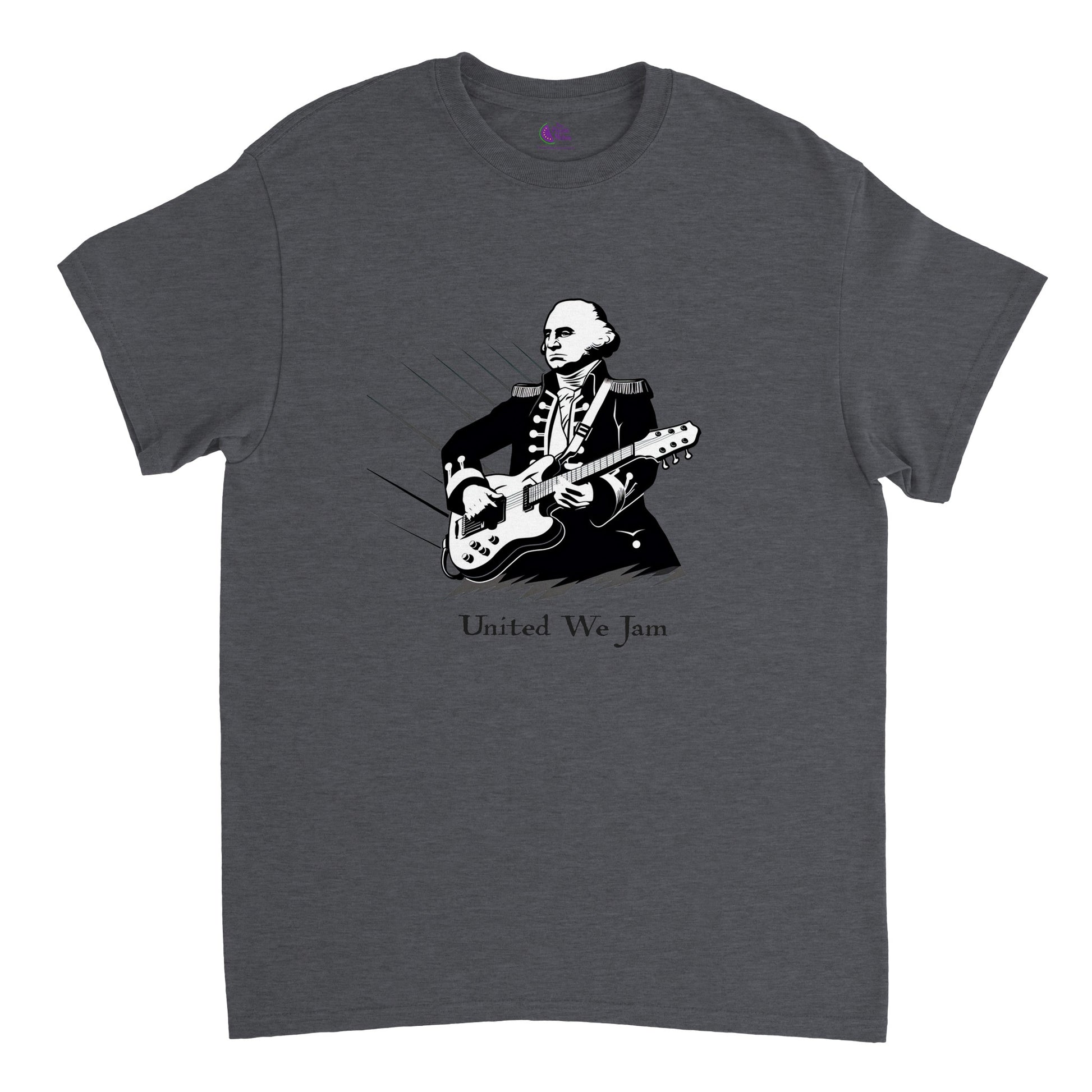 dark heather t-shirt with print of George Washington playing the guitar and the caption United We Jam