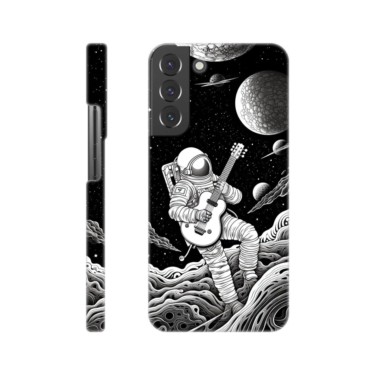 Space Serenade: Monochromatic Astronaut Guitarist in Space Phone Case