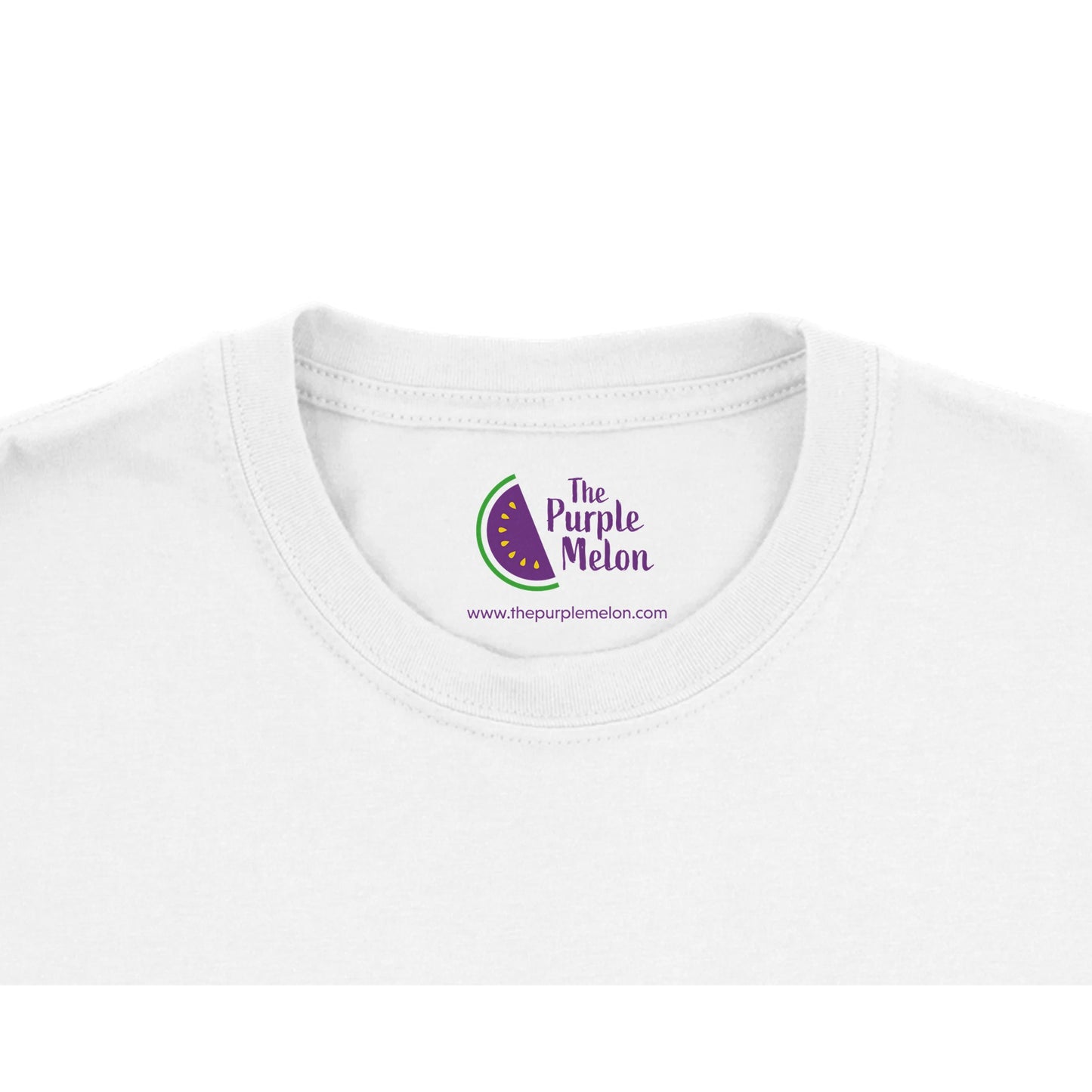 white t-shirt neck label with The Purple Melon logo