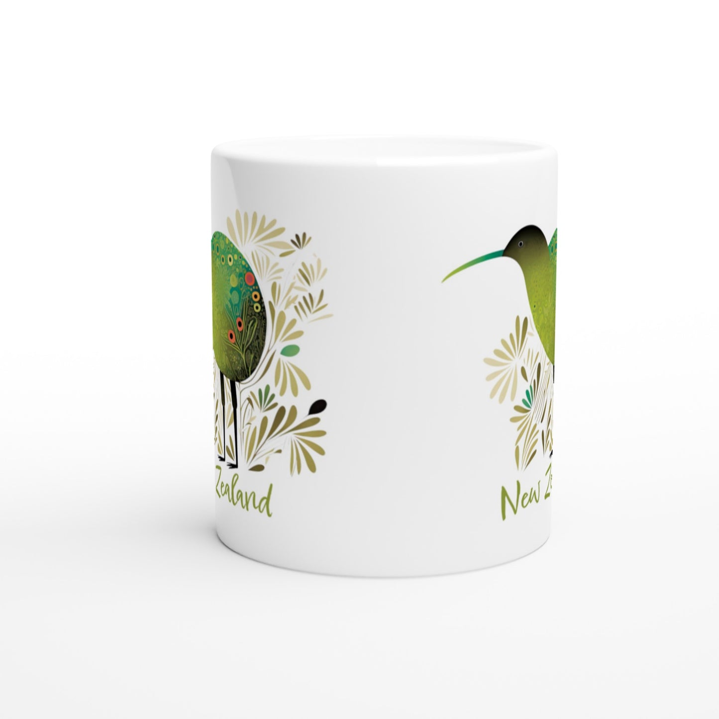 White ceramic mug with New Zealand Kiwi bird design