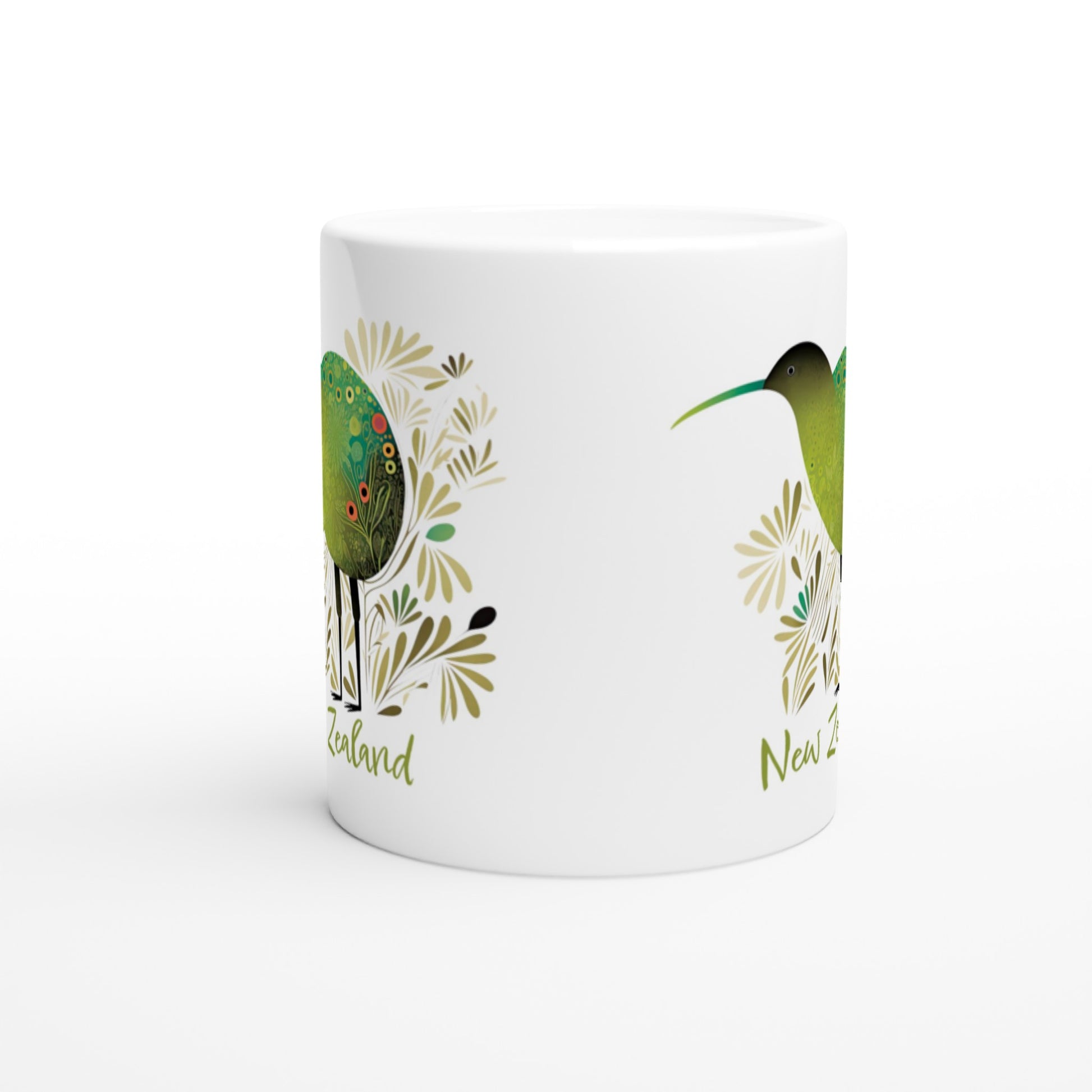White ceramic mug with New Zealand Kiwi bird design
