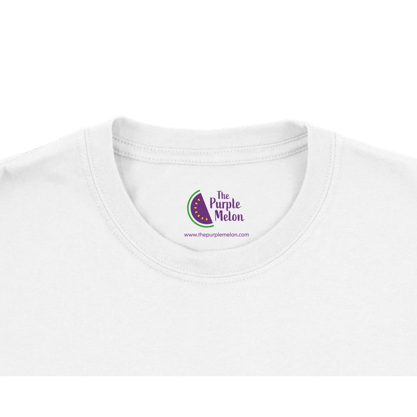 white t-shirt neck label with The Purple Melon logo
