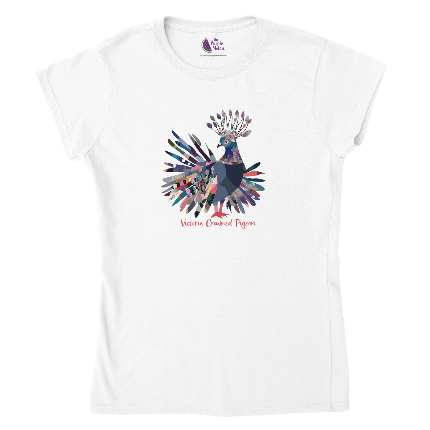 white t-shirt with a victoria crowned pigeon design