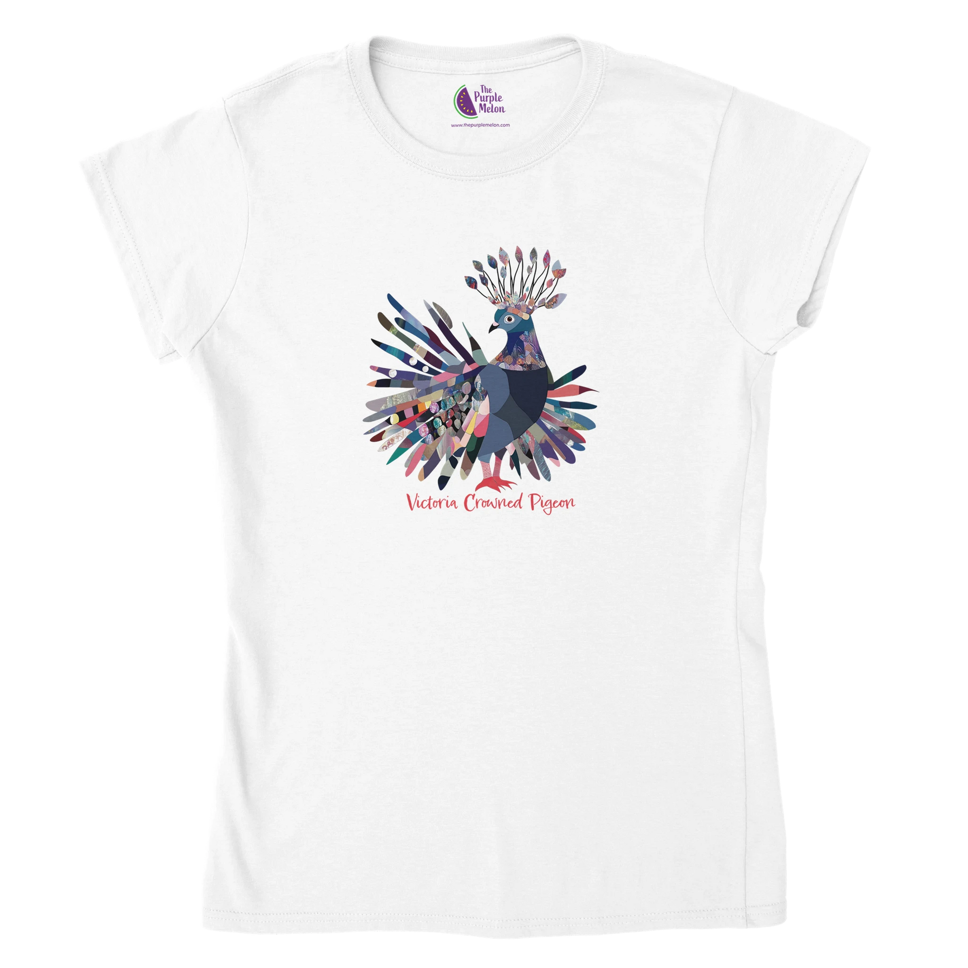 white t-shirt with a victoria crowned pigeon design