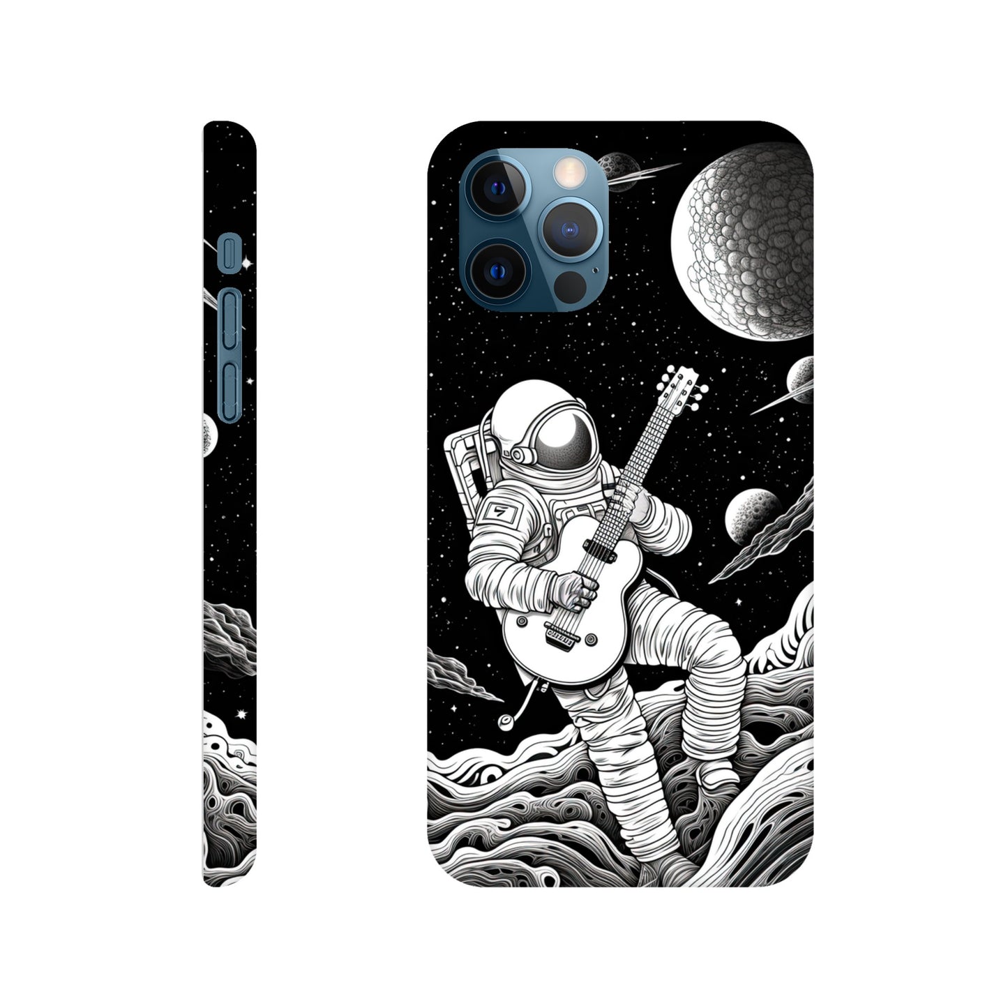 Space Serenade: Monochromatic Astronaut Guitarist in Space Phone Case