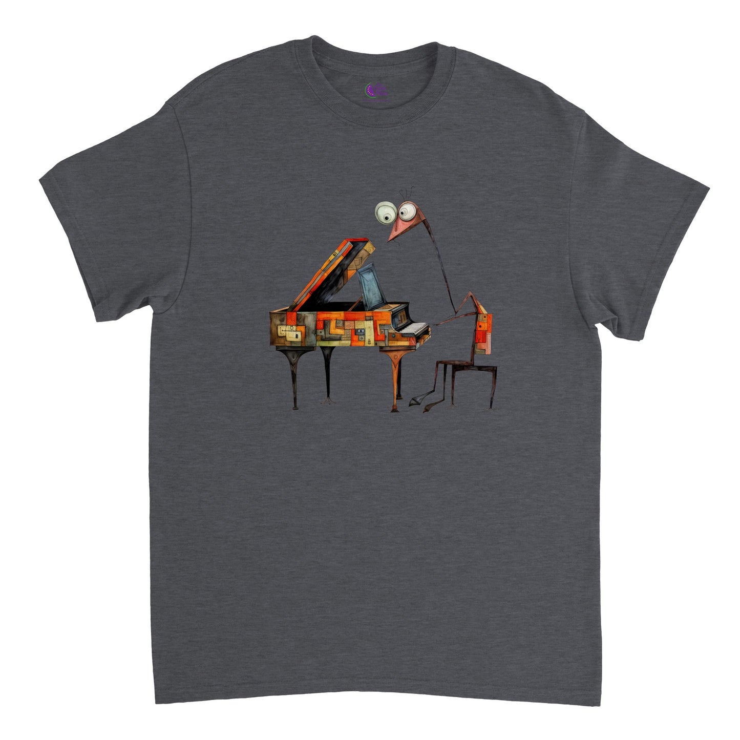 dark heather t-shirt with an abstract giraffe pianist print