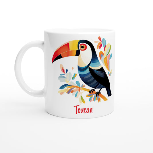 11oz ceramic mug with colourful toucan design; Tropical bird coffee cup