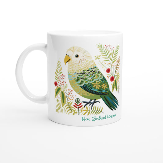 Ceramic coffee mug with NZ Kākāpō parrot design