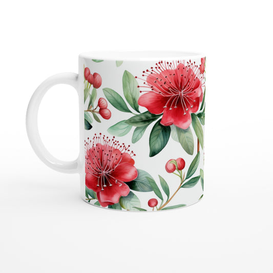 11oz ceramic mug with pohutukawa flower print; New Zealand Christmas coffee cup