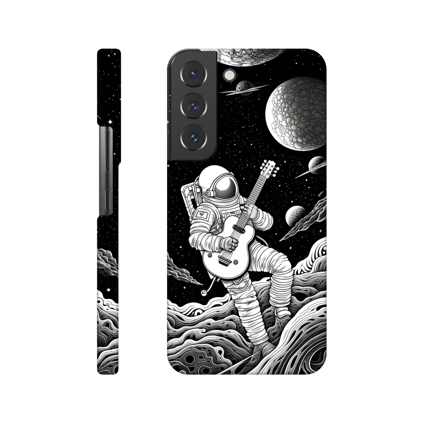 Space Serenade: Monochromatic Astronaut Guitarist in Space Phone Case