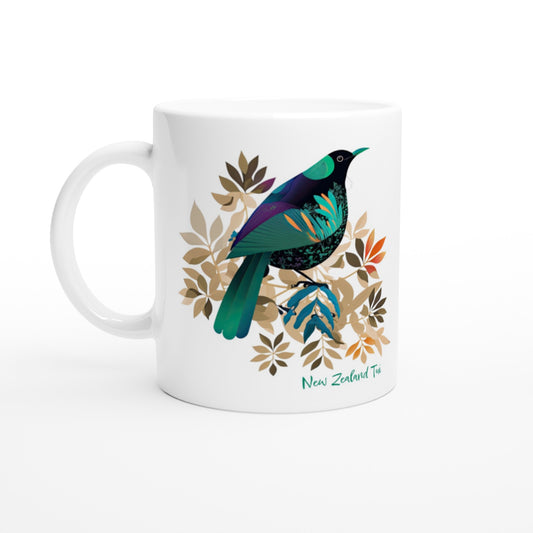 Ceramic coffee mug with New Zealand Tūī bird design