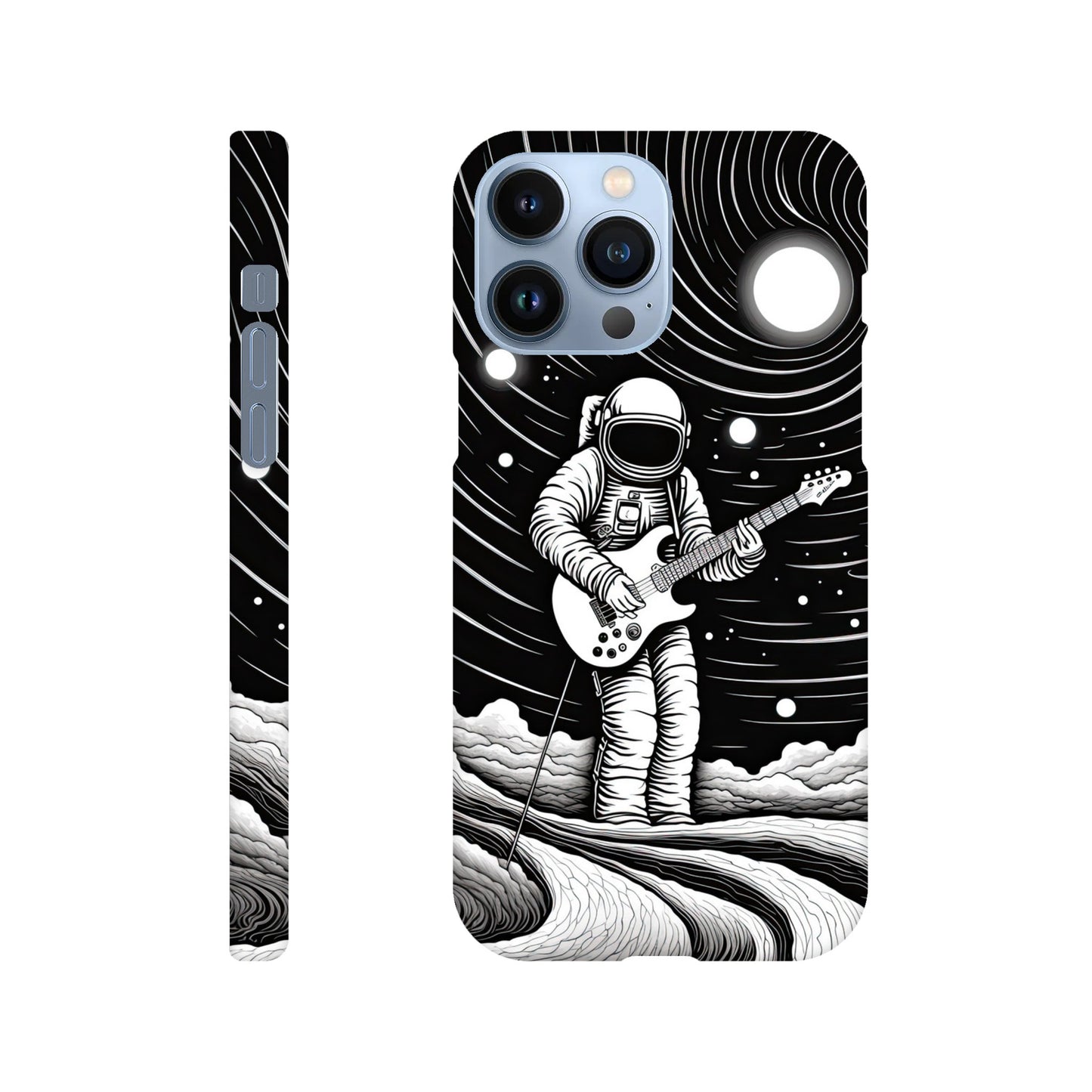 Slim phone case with monochromatic op art space astronaut print