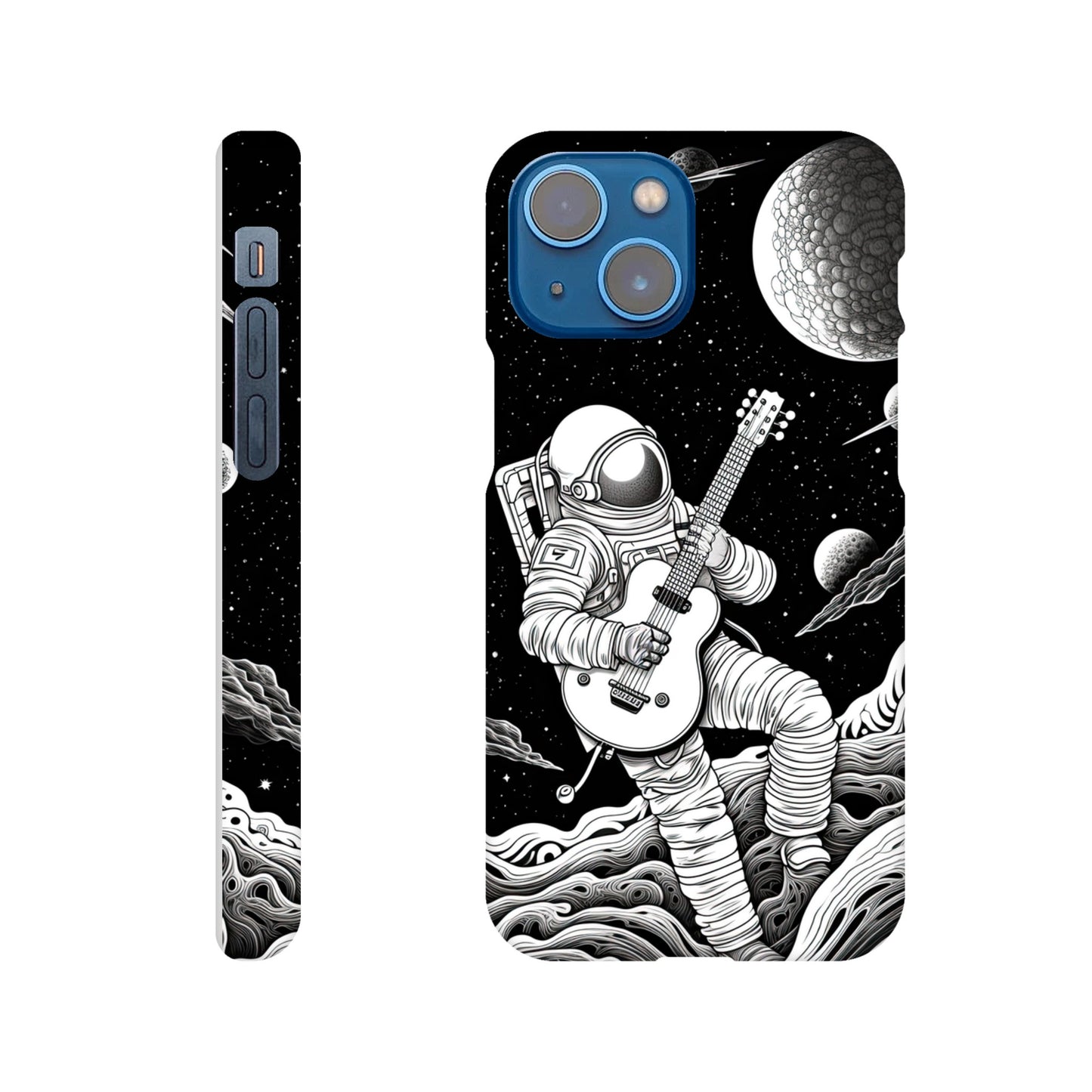 Space Serenade: Monochromatic Astronaut Guitarist in Space Phone Case