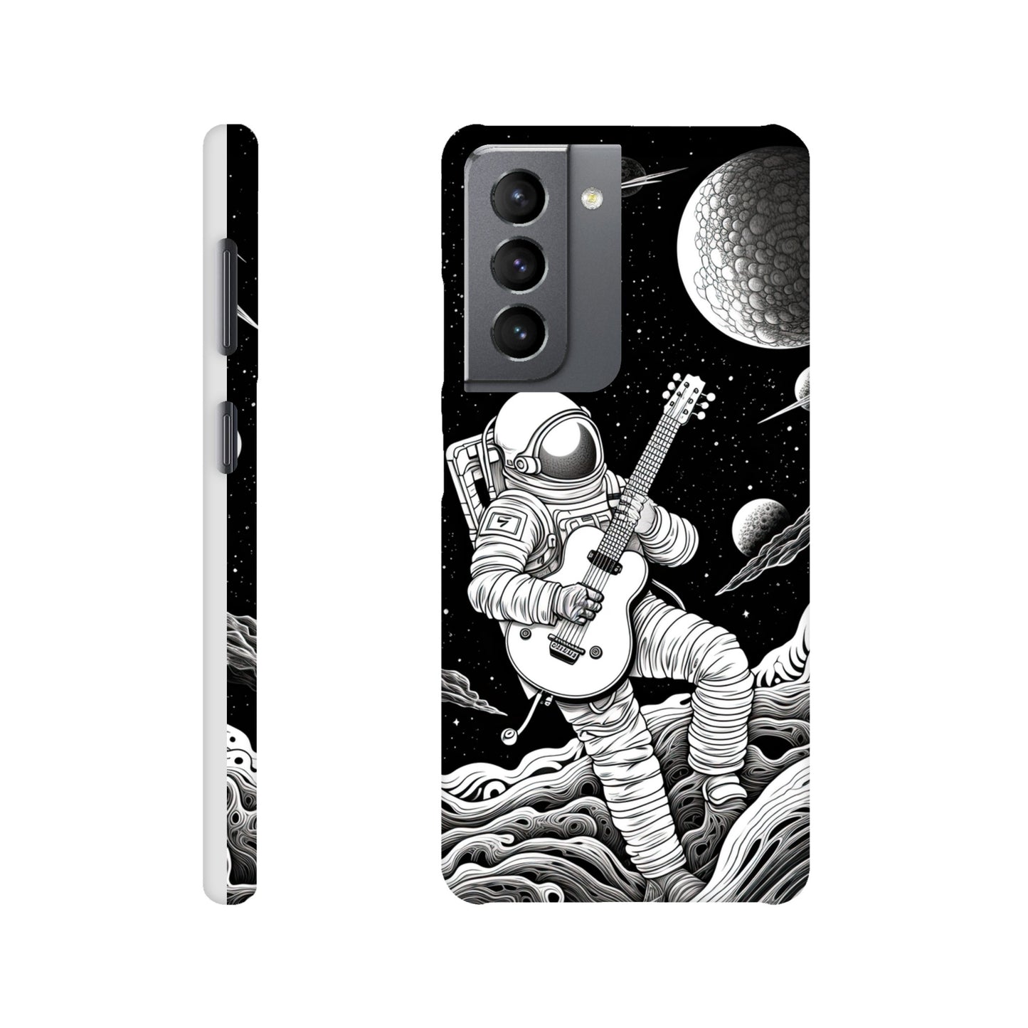 Space Serenade: Monochromatic Astronaut Guitarist in Space Phone Case