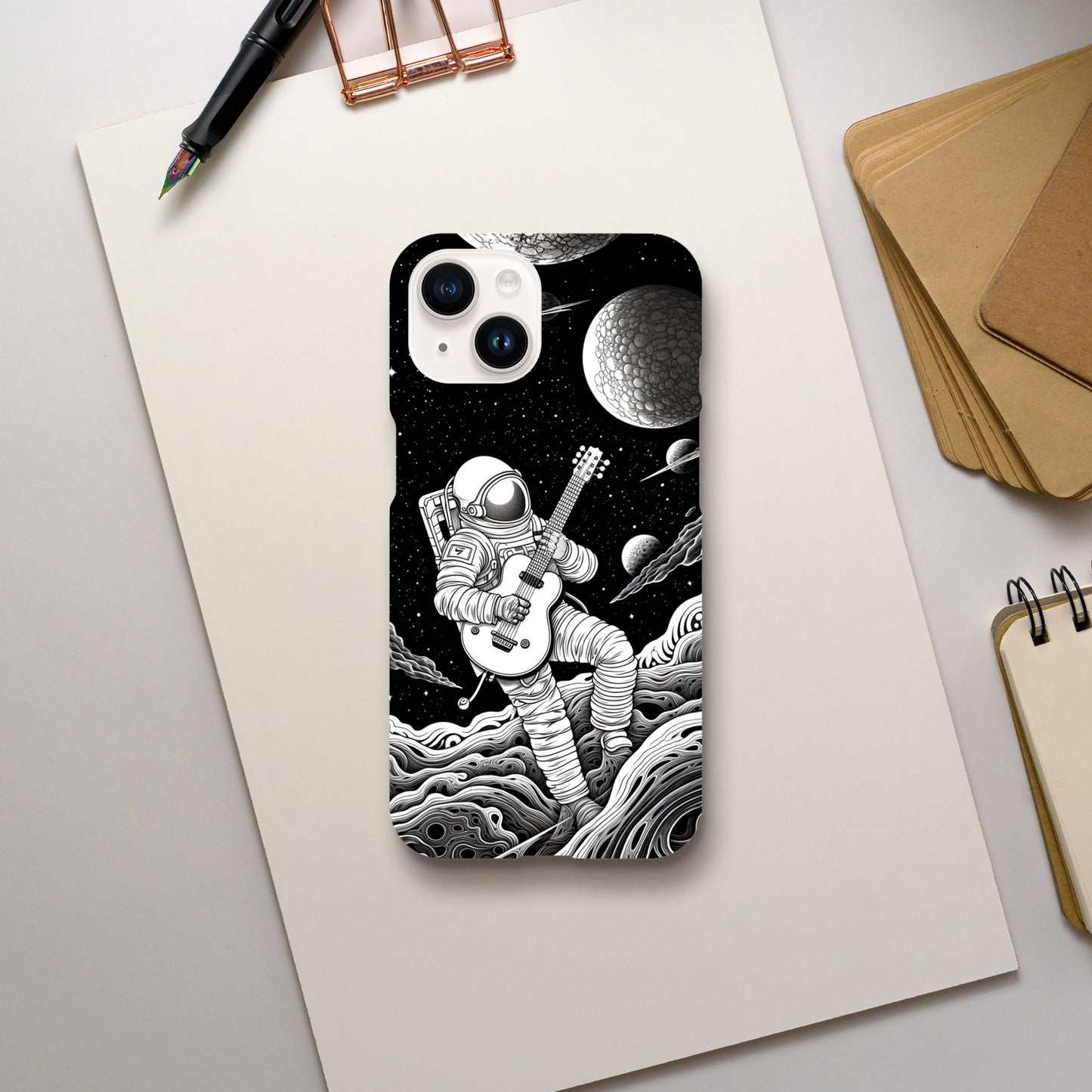 Space Serenade: Monochromatic Astronaut Guitarist in Space Phone Case