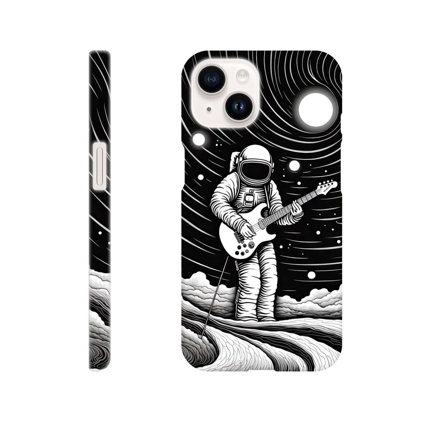 Slim phone case with monochromatic op art space astronaut print