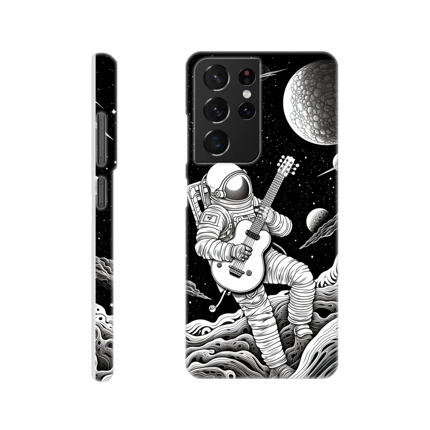 Space Serenade: Monochromatic Astronaut Guitarist in Space Phone Case