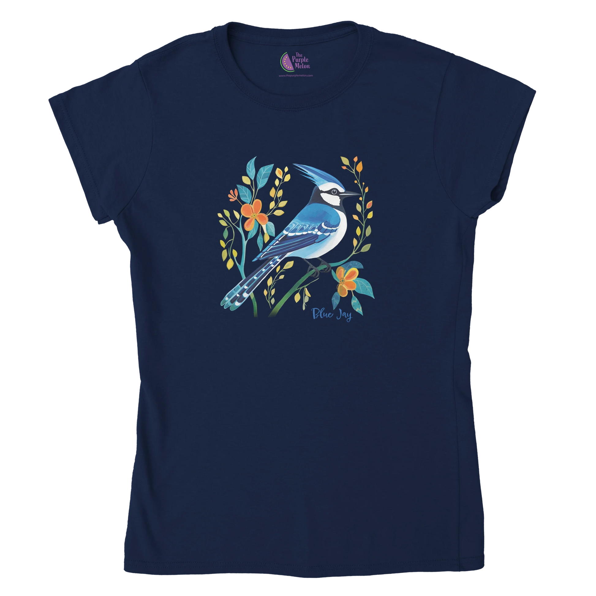 navy t-shirt with Blue Jay design