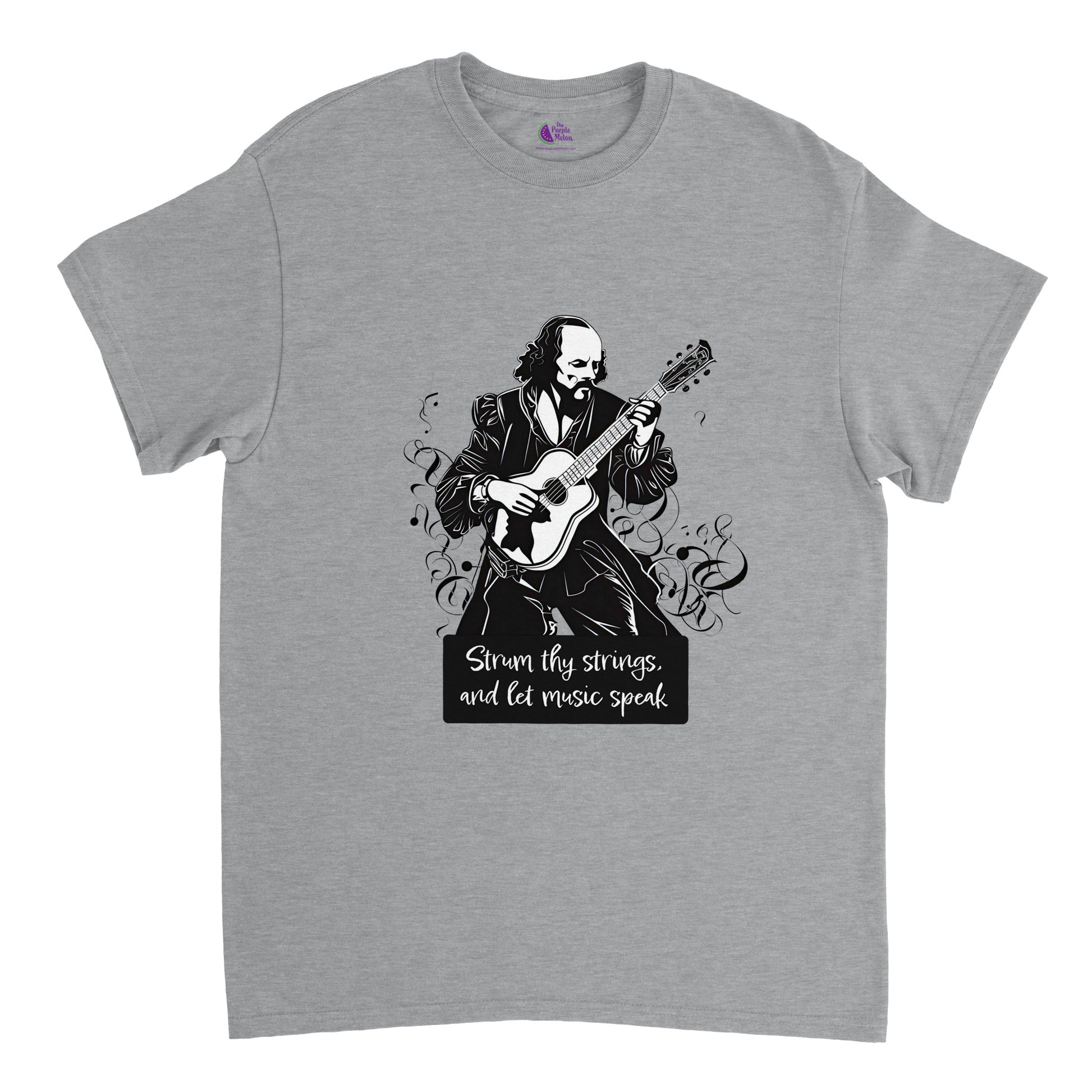 Light Grey t-shirt with Shakespeare playing the guitar and the caption 'Strum They Strings and Let Music Speak'
