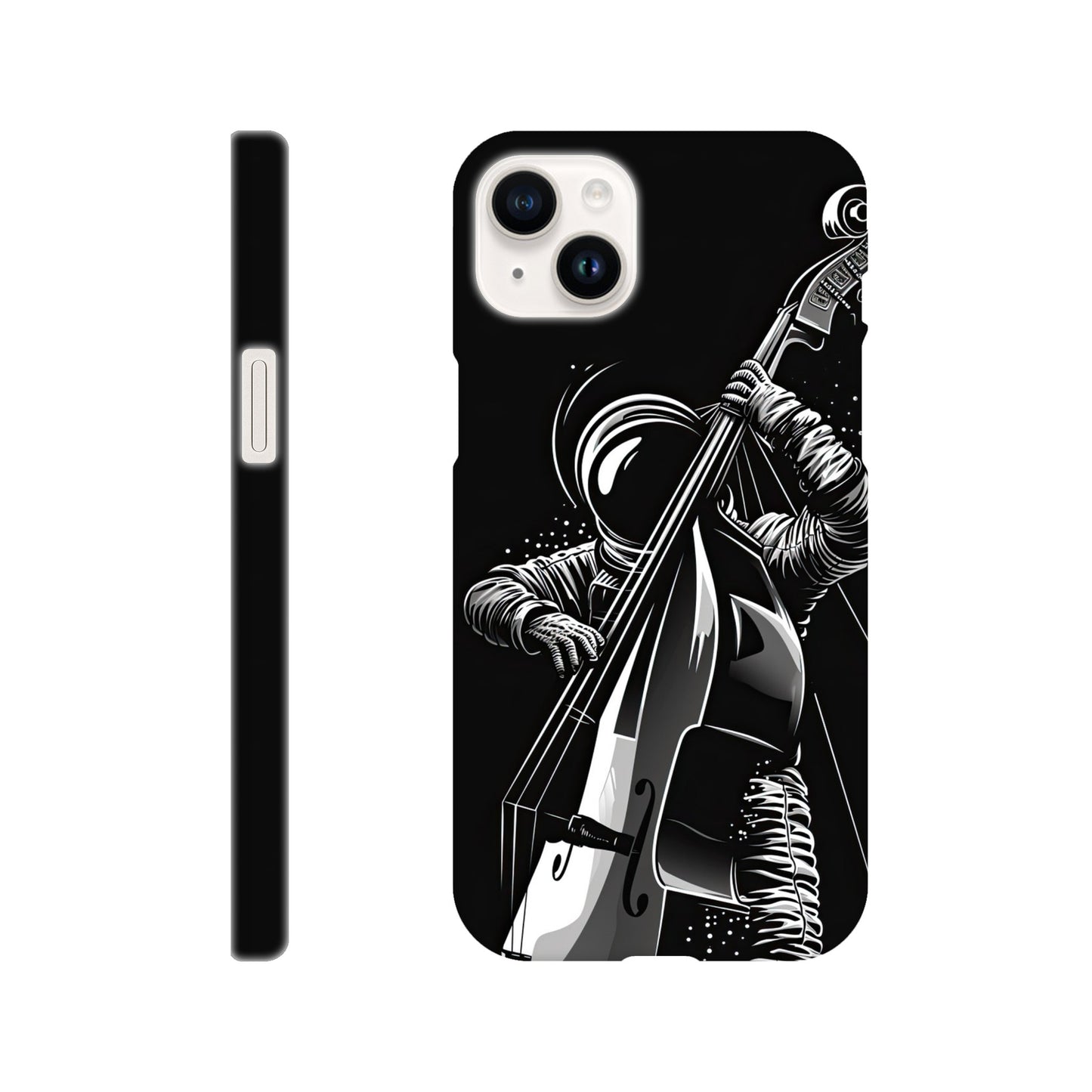 slim phone case with a double bass playing spaceman design