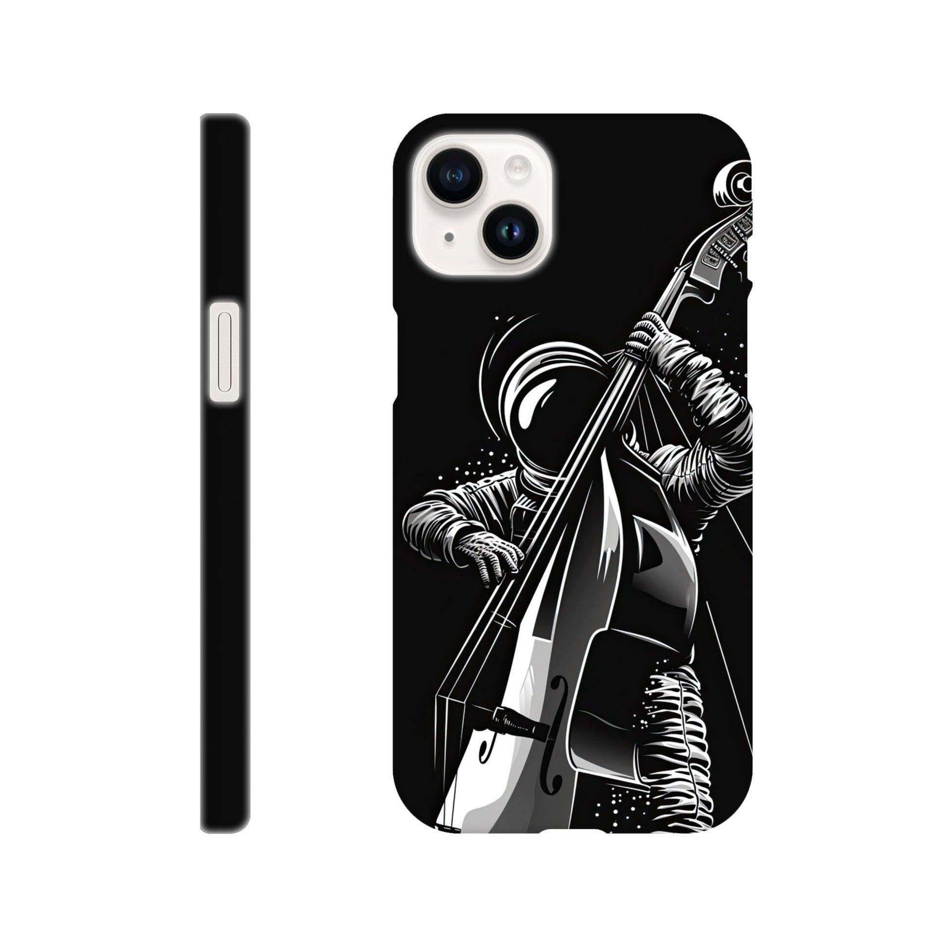 slim phone case with a double bass playing spaceman design