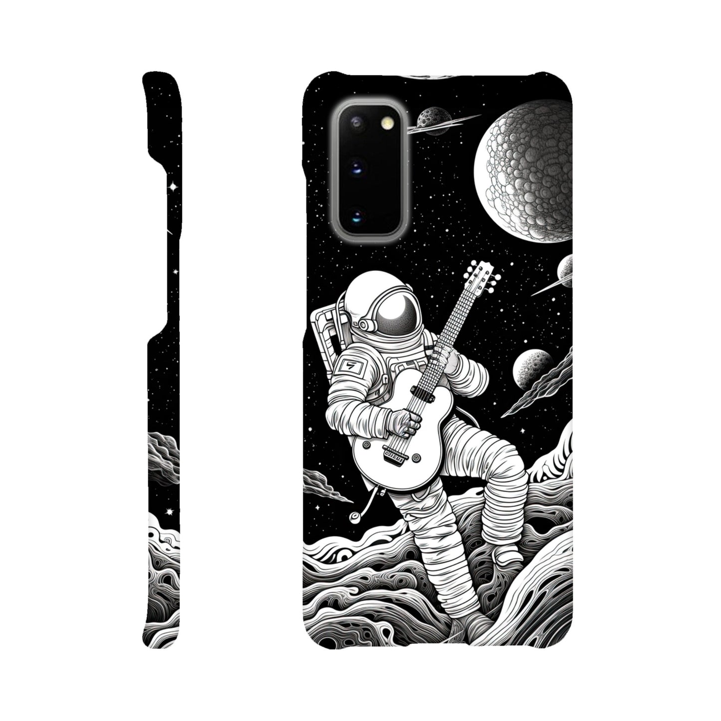 Space Serenade: Monochromatic Astronaut Guitarist in Space Phone Case