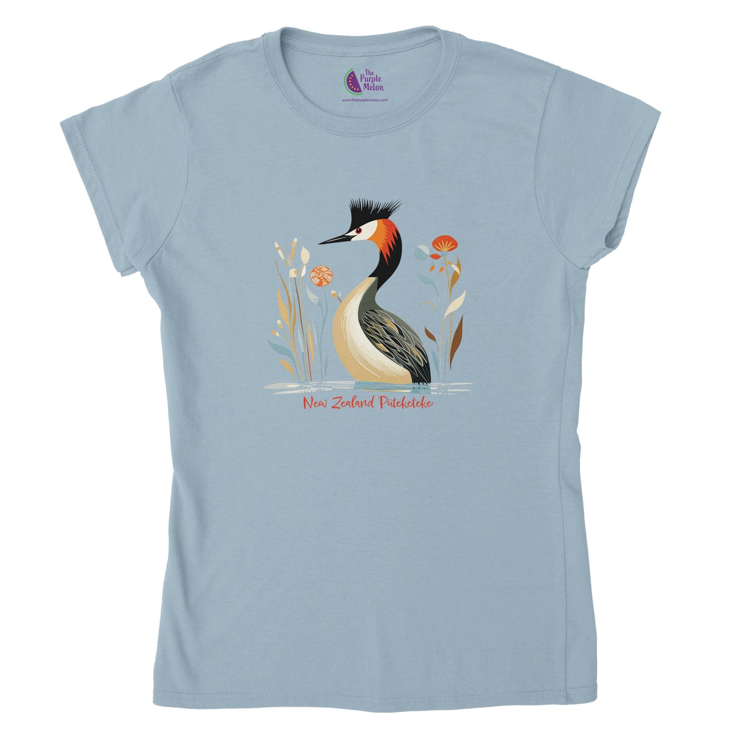 light blue t-shirt with the New Zealand Puteketeke print