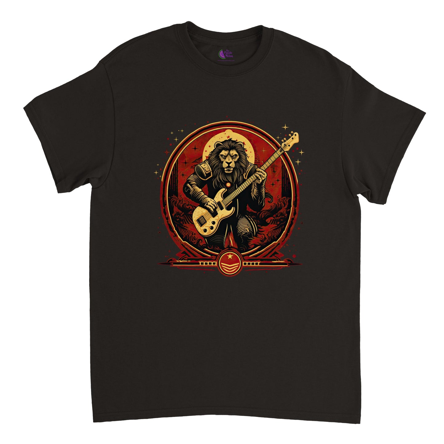 black t-shirt with a warrior ion bassist print