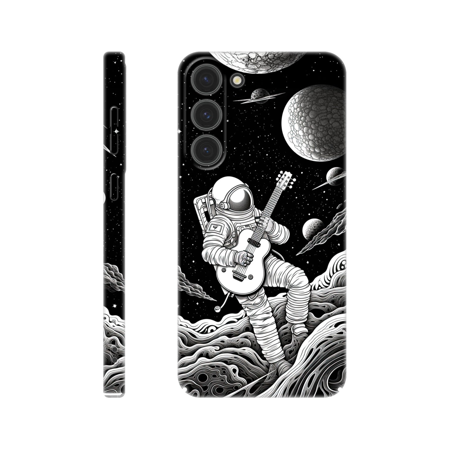 Space Serenade: Monochromatic Astronaut Guitarist in Space Phone Case